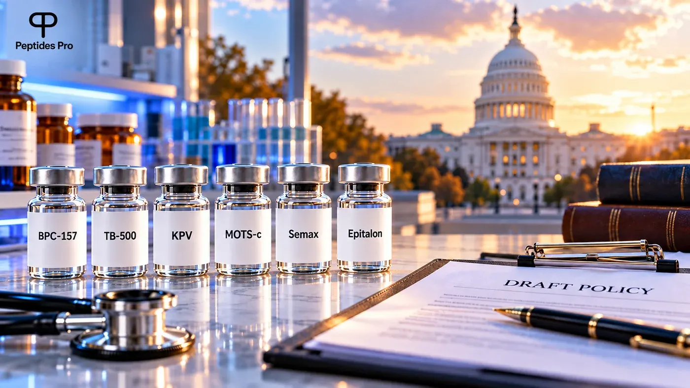 Editorial illustration of six peptide vials and a draft U.S. compounding policy in Washington