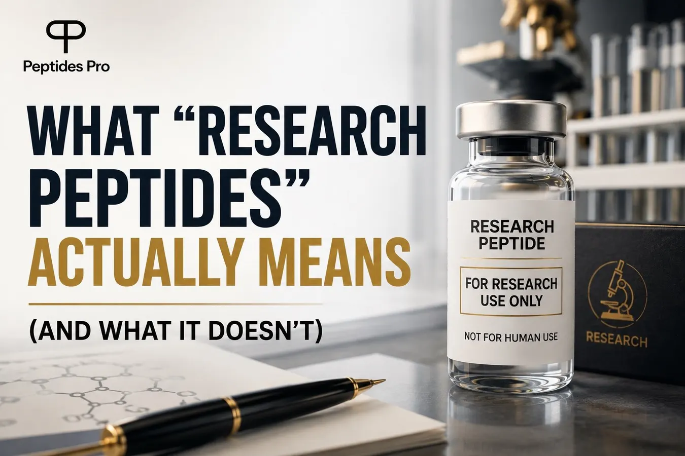 Small peptide vial with a research label on a clean laboratory bench